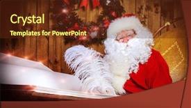  Presentation with magic book - Amazing PPT layouts having santa claus writing a magic book in his wooden house the magic of christmas backdrop and a tawny brown colored foreground