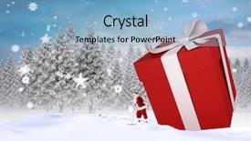  Presentation with gift - Amazing PPT theme having santa delivering large gift against snowy landscape with fir trees backdrop and a light blue colored foreground