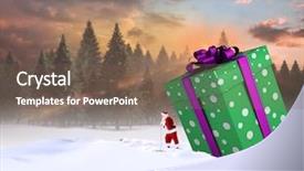  Presentation with fir tree - Slide deck consisting of santa delivering large gift against fir tree forest in snowy landscape background and a violet colored foreground