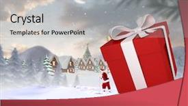  Presentation with north pole - Colorful slide set enhanced with santa delivering large gift against cute christmas village at north pole backdrop and a light gray colored foreground