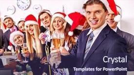  Presentation with group of people praying to god - Presentation enhanced with santa hat at xmas party background and a tawny brown colored foreground