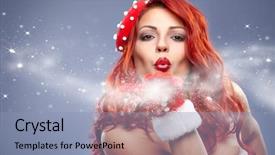  Presentation with sexy santa woman red - Amazing PPT theme having santa hat redhair woman portrait backdrop and a light blue colored foreground