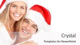  Presentation with young happy couple - Theme having santa hats isolated over white background and a sky blue colored foreground