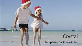  Presentation with young children - Presentation design with santa hats on tropical beach background and a light gray colored foreground