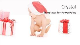  Presentation with baby christmas - PPT theme featuring santa helper baby with christmas gifts over white background and a sky blue colored foreground