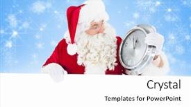 Presentation with blue design - Beautiful slides featuring santa holding a clock and sign against white snowflake design on blue backdrop and a white colored foreground