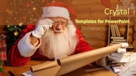  Presentation with letter - Slide set having santa in eyeglasses reading attentively big letter of christmas wishes while holding paper in xmas environment background and a red colored foreground