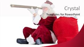 Presentation with telescope - Audience pleasing PPT theme consisting of santa is looking through his telescope while he sits next to his bag on white background backdrop and a white colored foreground