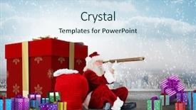 Presentation with telescope - Amazing PPT layouts having santa looking through a telescope against balcony overlooking city backdrop and a sky blue colored foreground