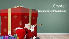  Presentation with telescope - PPT theme with santa looking through a telescope against room with wooden floor background and a gray colored foreground