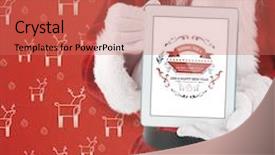 Presentation with red marble pattern wallpaper blue - PPT layouts consisting of santa presents a tablet pc against red reindeer pattern background and a coral colored foreground