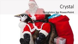  Presentation with reading bible - Audience pleasing presentation theme consisting of santa reading bible with sack of christmas present beside him against white background backdrop and a white colored foreground