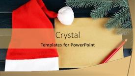  Presentation with fir tree - Audience pleasing slide deck consisting of santa red hat with branch of fir-tree sheet of paper and pencil on color wooden background backdrop and a yellow colored foreground