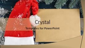  Presentation with snowflakes - Amazing presentation design having santa red hat with branch of fir-tree sheet of paper and snowflakes on color wooden background backdrop and a coral colored foreground