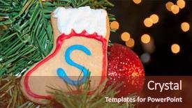  Presentation with christmas stocking - Slide deck consisting of santa's own stocking shaped cookie up in christmas tree background and a tawny brown colored foreground
