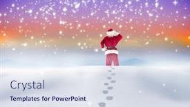 Presentation with serene - Cool new presentation theme with santa walking in the snow against serene landscape backdrop and a sky blue colored foreground