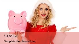  Presentation with piggy bank - PPT layouts featuring santa woman holding a piggy background and a red colored foreground