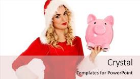  Presentation with piggy bank is evil - Amazing slide deck having santa woman holding a piggy backdrop and a  colored foreground