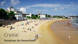  Presentation with 2018 beach - Beautiful PPT layouts featuring santander-cantabria-spain-july-27 backdrop and a soft green colored foreground