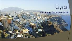  Presentation with hotels - Presentation enhanced with santorini as the sun sets on the island restaurants and hotels perched high above the caldera background and a sky blue colored foreground