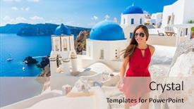  Presentation with church blue - Slide set with santorini greece famous cruise travel background and a lemonade colored foreground