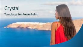  Presentation with luxury travel - PPT theme with santorini greece travel luxury destination background and a sky blue colored foreground