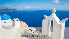  Presentation with church blue - Slide deck consisting of santorini island greece beautiful view of blue ocean and traditional dome church architecture background and a lemonade colored foreground
