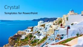  Presentation with santorini - Cool new slides with santorini-island-in-greece-panoramic backdrop and a cyan colored foreground