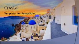  Presentation with island sunset - Slide set consisting of santorini island in greece background and a yellow colored foreground