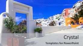  Presentation with cyclades - Cool new slide deck with santorini island traditional architecture backdrop and a light gray colored foreground