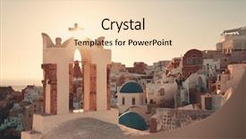  Presentation with grey line drawings of tall buildings - Slides enhanced with santorini skyline sunset with church background and a  colored foreground