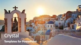  Presentation with grey line drawings of tall buildings - Presentation featuring santorini skyline sunset with church background and a coral colored foreground