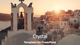  Presentation with grey line drawings of tall buildings - Presentation design featuring santorini skyline sunset with church background and a gray colored foreground