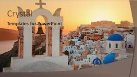  Presentation with santorini - Slide set consisting of santorini-skyline-sunset-with-church background and a yellow colored foreground