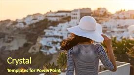  Presentation with santorini - Presentation design enhanced with santorini travel tourist brunette woman background and a tawny brown colored foreground