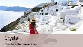  Presentation with village - Colorful presentation design enhanced with santorini travel tourist woman backdrop and a mint green colored foreground