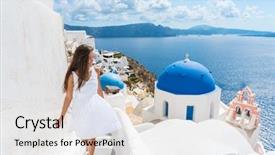  Presentation with santorini - Colorful PPT theme enhanced with santorini travel tourist woman backdrop and a lemonade colored foreground
