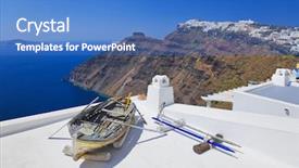  Presentation with santorini - Presentation theme featuring santorini view firostefani - vacation background background and a teal colored foreground