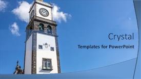  Presentation with tower - Beautiful presentation design featuring sao-sebastiao-church-with-clock backdrop and a teal colored foreground