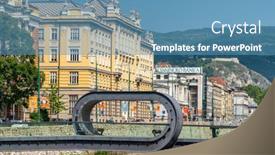  Presentation with pedestrian bridge - Presentation design with sarajevo-bosnia-and-herzegovina-august background and a teal colored foreground