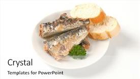  Presentation with sardines - PPT layouts consisting of sardines with slices of bread on white plate background and a white colored foreground