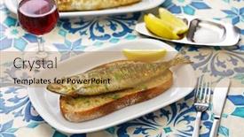 Presentation with sardines - Amazing PPT theme having sardinhas-assadas-portuguese-grilled-sardines backdrop and a gold colored foreground