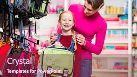  Presentation with student - Slide set having satchel or bag in store background and a violet colored foreground