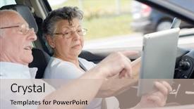  Presentation with elderly prevention - Amazing slide set having satelite - elderly couple in car looking backdrop and a soft green colored foreground