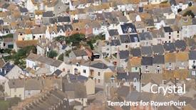  Presentation with england - Beautiful presentation theme featuring satelite - large number of terrace houses backdrop and a coral colored foreground