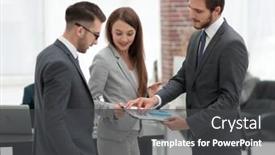  Presentation with statistics - Presentation consisting of satisfied business lady explains the statistics chart background and a dark gray colored foreground