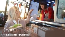  Presentation with food service - Colorful PPT theme enhanced with satisfied-caucasian-blonde-female-rate backdrop and a violet colored foreground