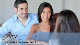  Presentation with investment - Presentation theme having satisfied customer - couple meeting financial adviser background and a light blue colored foreground