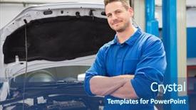  Presentation with mechanic repair - Amazing PPT theme having satisfied customer - mechanic smiling at the camera backdrop and a ocean colored foreground