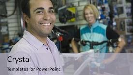  Presentation with cyclist - Beautiful PPT theme featuring satisfied customer - portrait of a happy shop backdrop and a light gray colored foreground